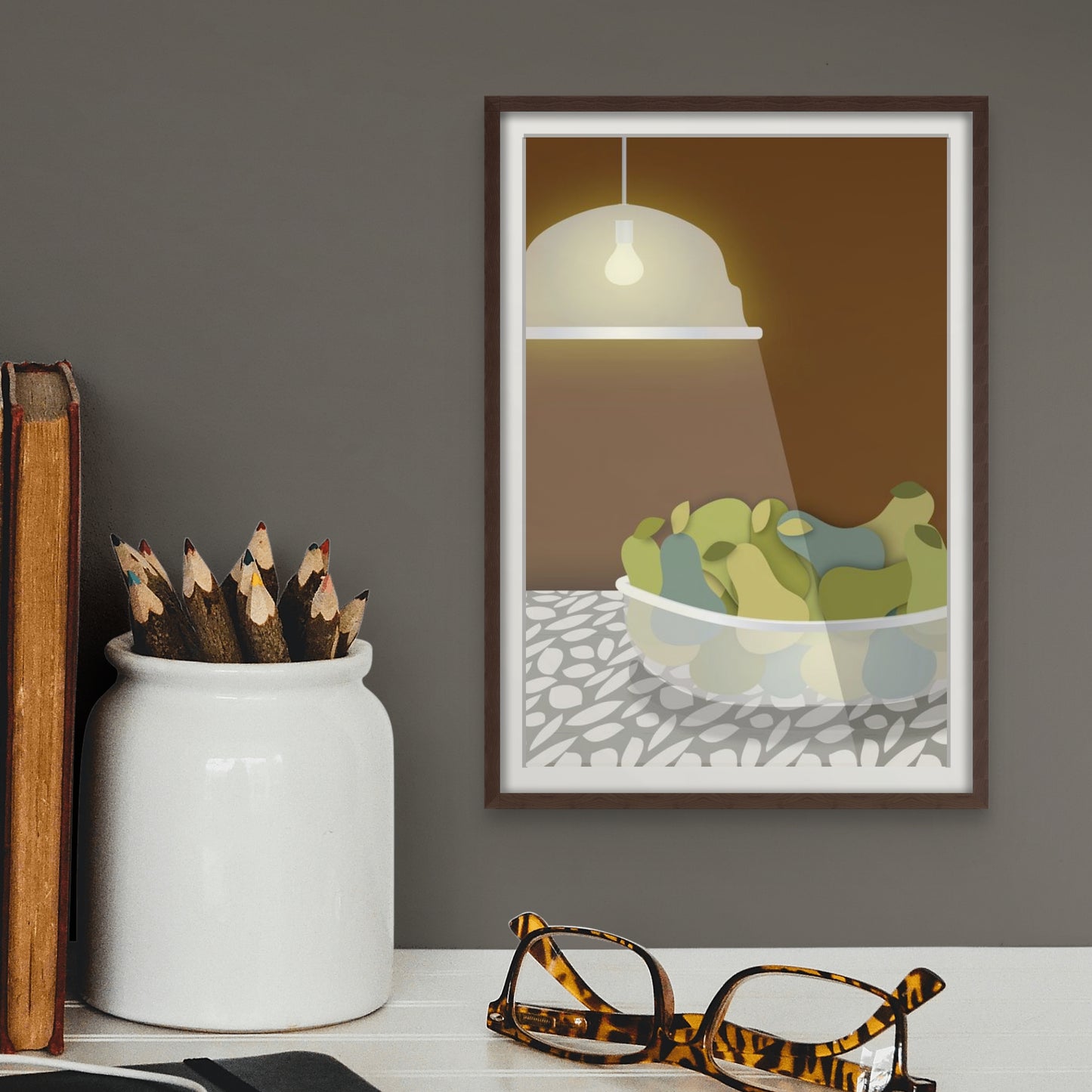 Radiant Harvest Bowl of Pears | Umber Background | Fine Art Print Wall Decor